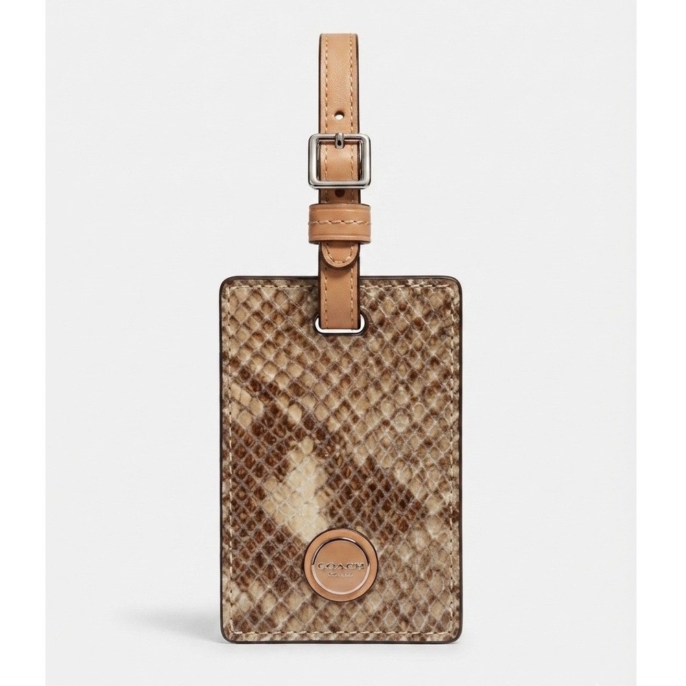 Coach Snakeskin Embossed Leather Luggage Tag Tan Brown Python Print Logo Plaque‎